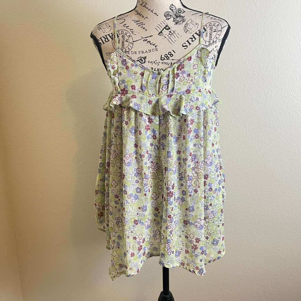 Urban Outfitters Floral Ruffle Romper Skort XS Lime Green Boho Cottagecore‎
